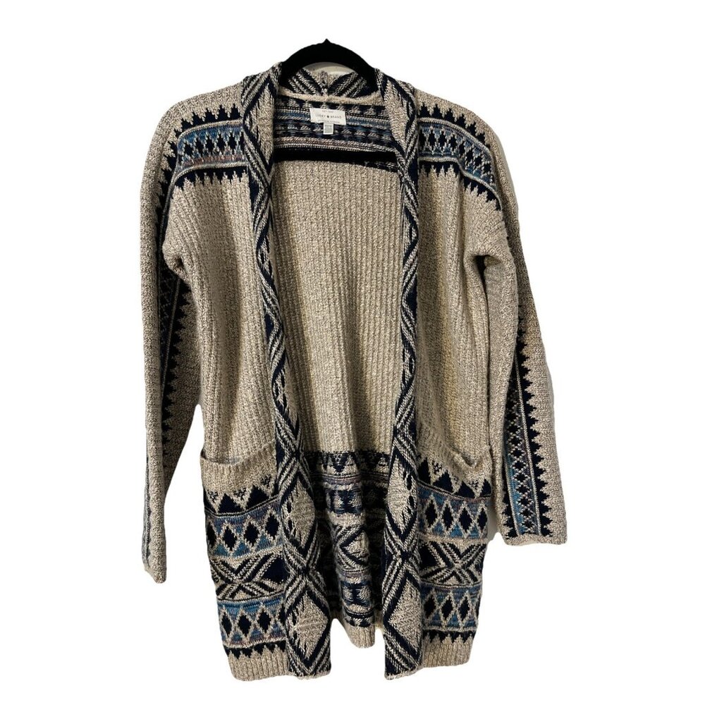 Lucky Brand Women Aztec Tribal Open Front Cardigan Sweater Size XS Lagenlook